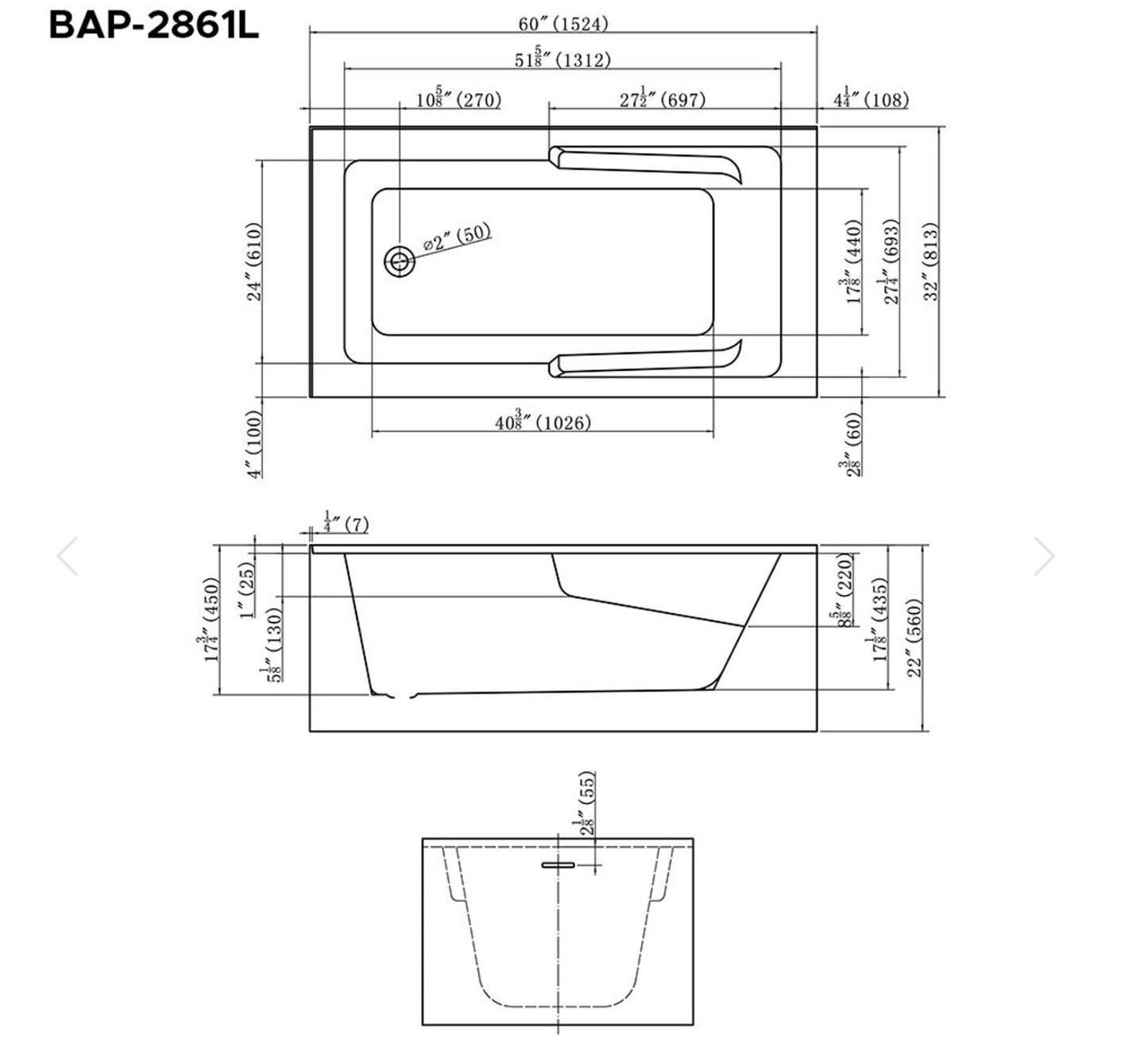 Bain en coin SITKA 60x32x22 2 emplacements de drain disponibles