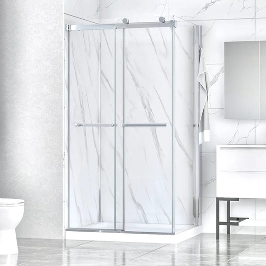 Ensemble de douche MIRAMICHI 34" x 42" chrome avec rangement intégré coin gauche
