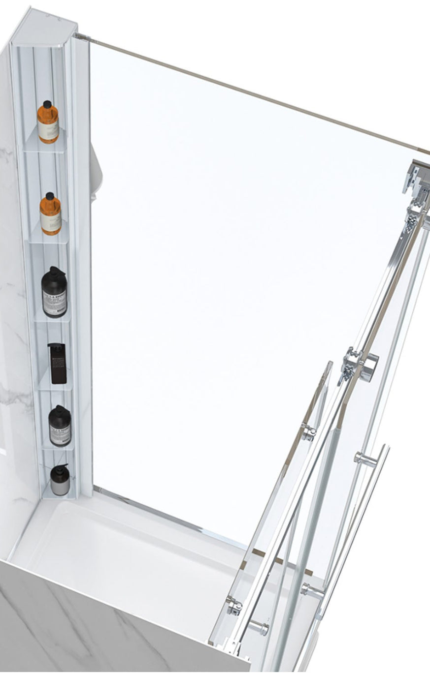 Ensemble de douche MIRAMICHI 34" x 42" chrome avec rangement intégré coin gauche