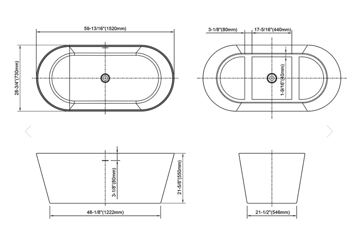 Bain autoportant moderne oval 60 x 29