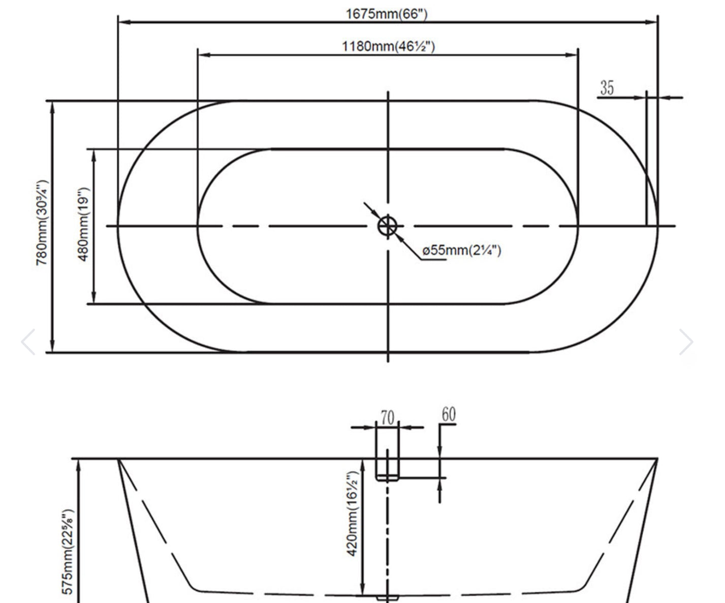 Bain autoportant moderne courbé 66x32