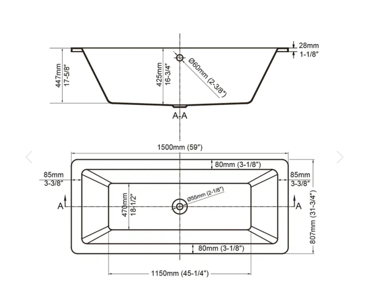 Bain encastré courbé 59x32 / 69x30