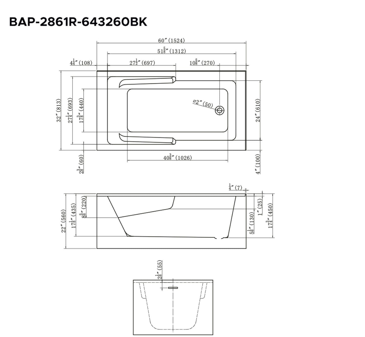 Bain en coin JUNEAU 60x32x22 avec portes en verre 2 emplacements de drain disponibles