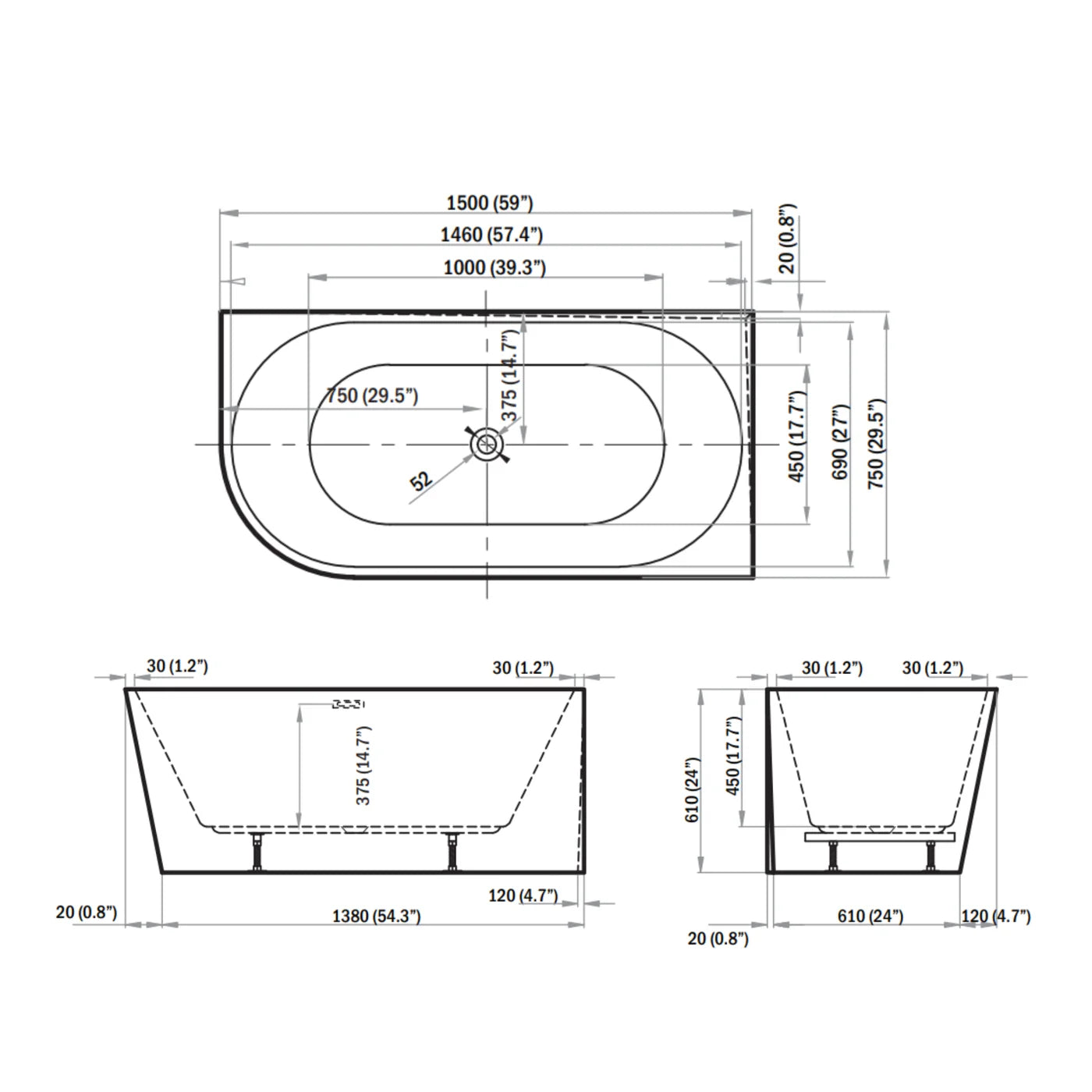 Bain en coins ANCHORAGE 59x30x23.6 2 options de drain