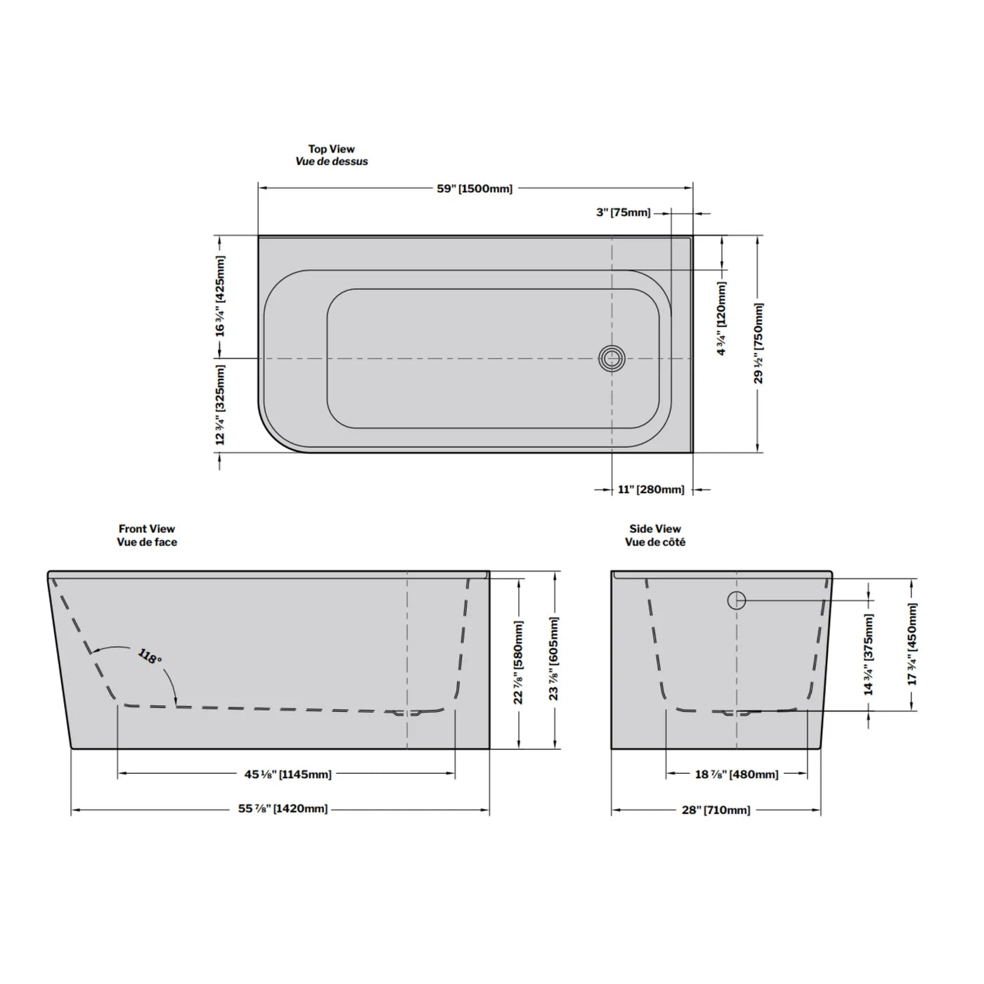 Bain en coin FAIRBANKS 59x30x24 2 options de drain
