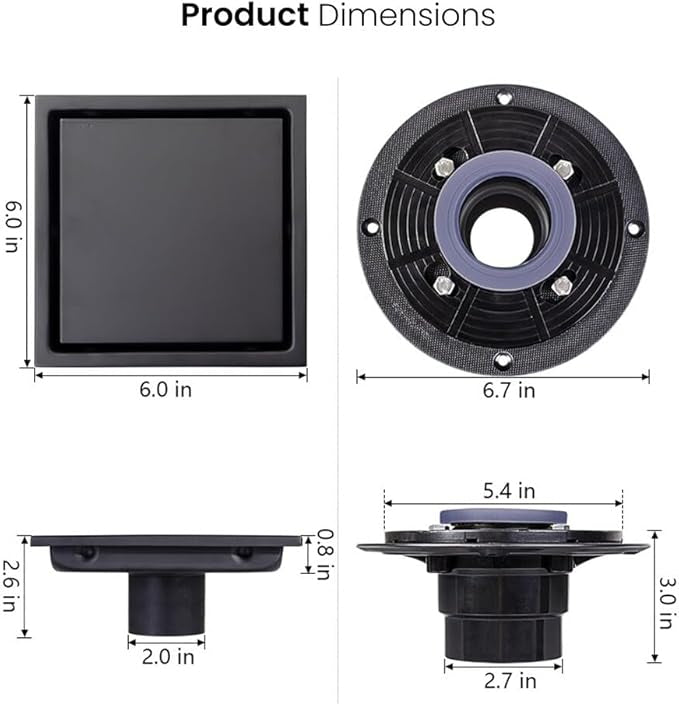 Drain de douche carré 6po  noir mat  Grille réversible